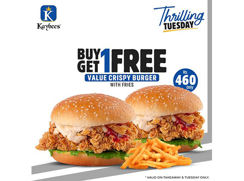 Tuesday only, Kaybees BUY 1 GET 1 FREE Offer Value Crispy Burgerimage-804